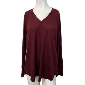Large Maroon Long Sleeve Blouse V Neck Tunic Lightweight Stretch Doe & Rae NWT